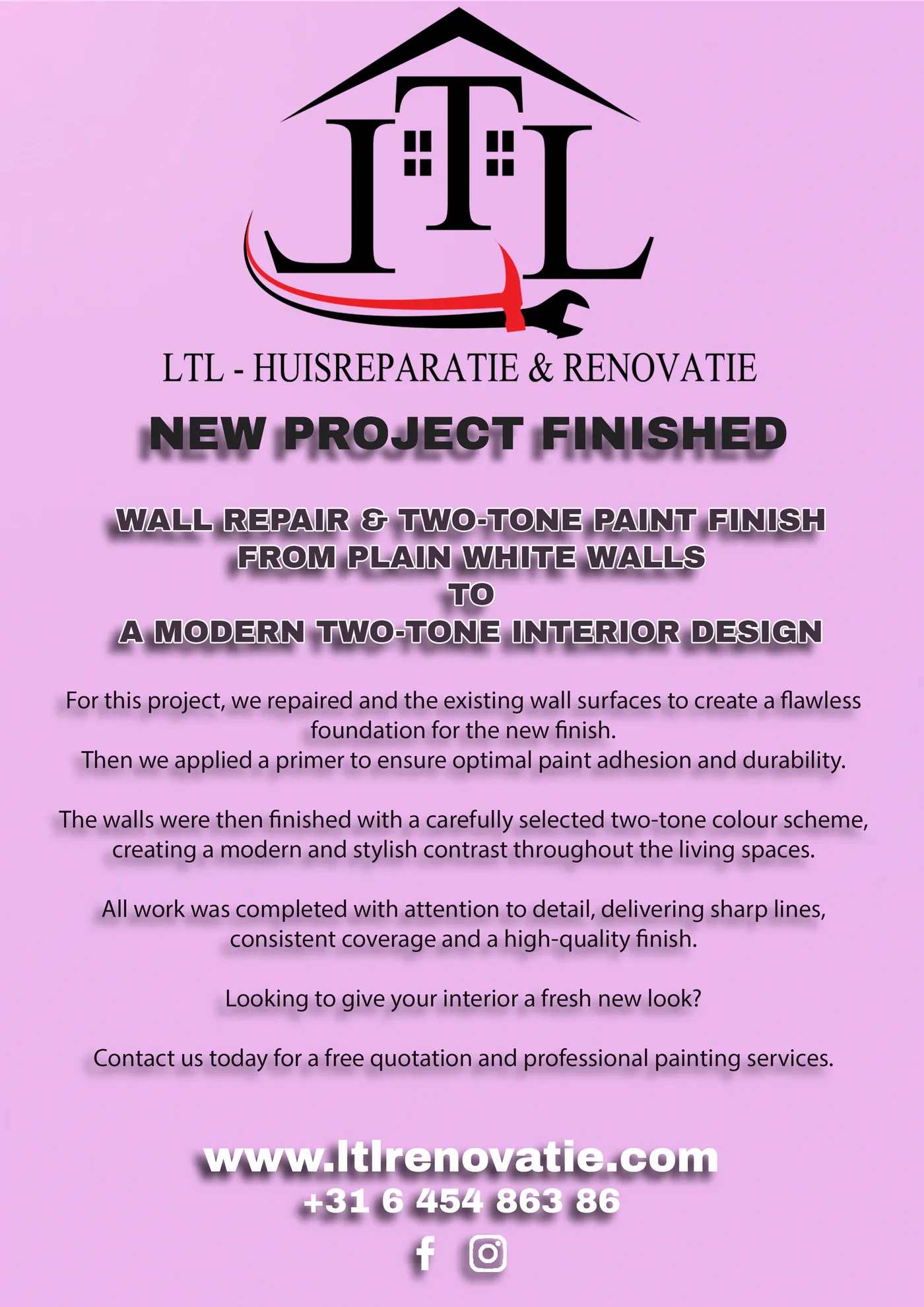 Intro renovatieproject Wandherstel en tweekleurig schilderwerk in Haarlem, voor en na door LTL Huisreparatie & Renovatie