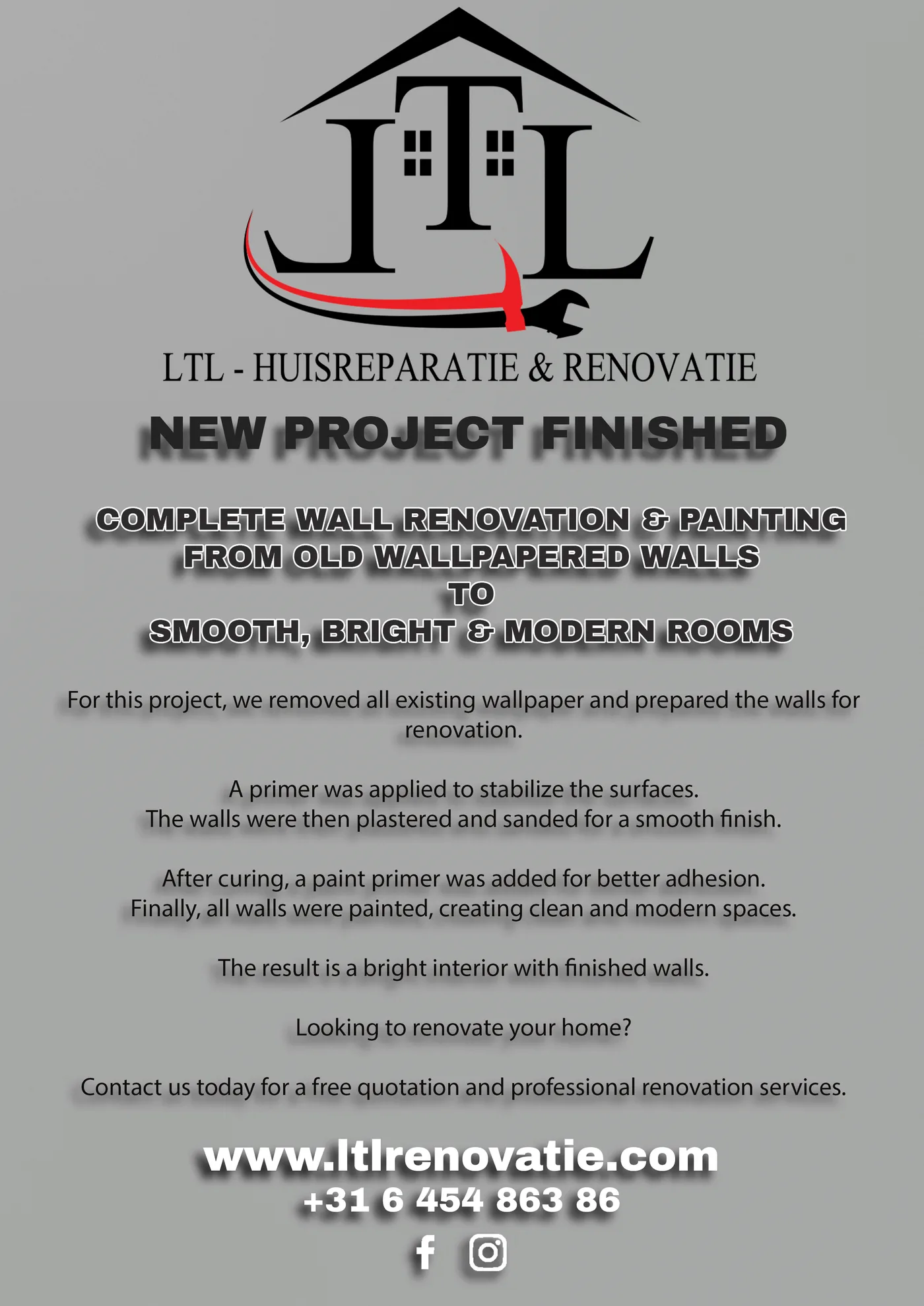 Intro renovatieproject Complete wandrenovatie en schilderwerk in Amsterdam, voor en na door LTL Huisreparatie & Renovatie