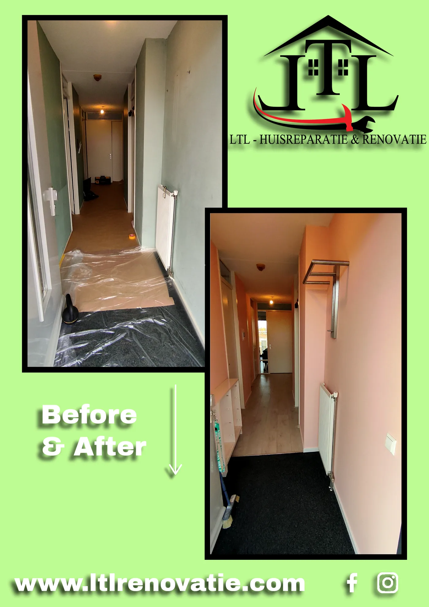 Voor en na 1 van 3, Gang wandrenovatie en schilderwerk in Amsterdam door LTL Huisreparatie & Renovatie