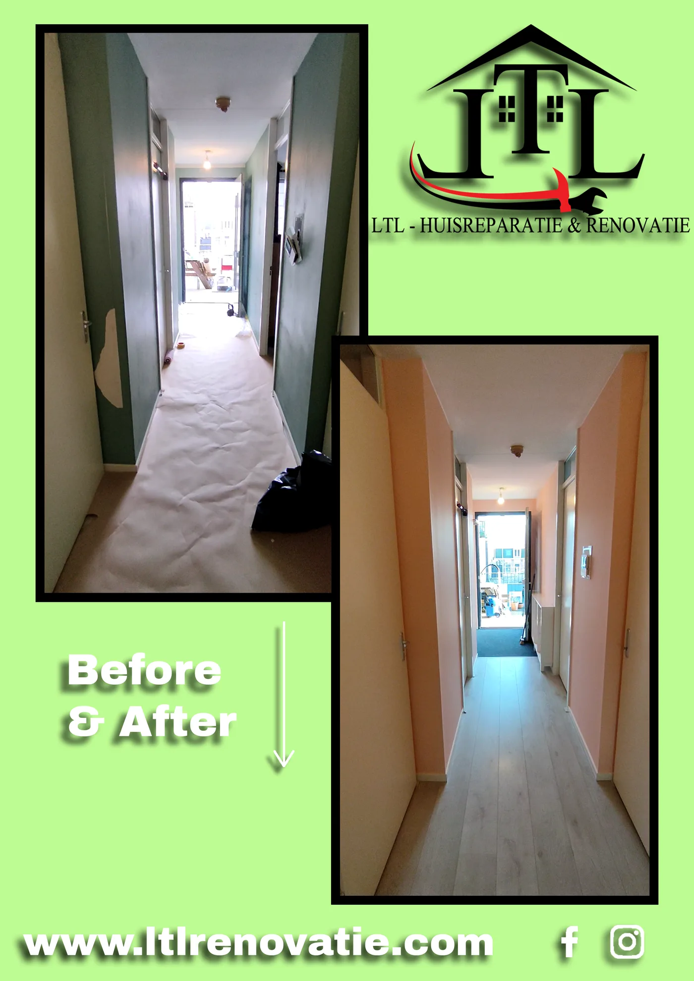 Voor en na 3 van 3, Gang wandrenovatie en schilderwerk in Amsterdam door LTL Huisreparatie & Renovatie
