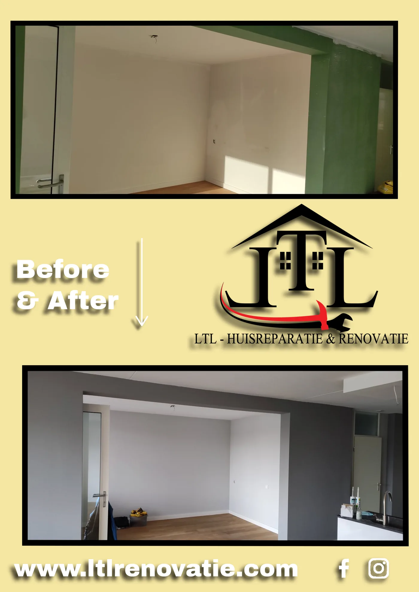 Voor en na 2 van 7, Wandherstel en tweekleurig schilderwerk in Den Haag door LTL Huisreparatie & Renovatie