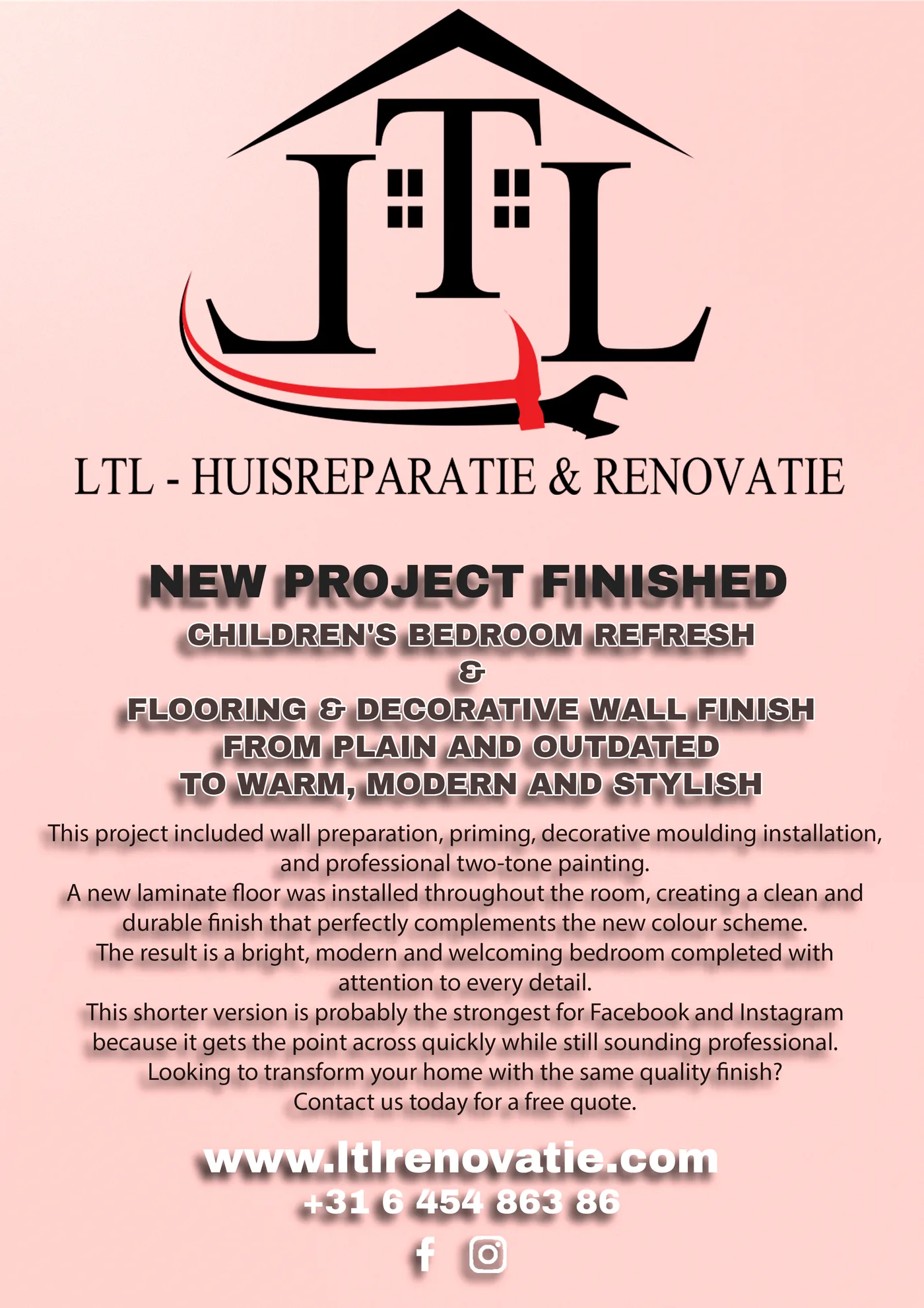 Intro renovatieproject Kinderkamer renovatie met laminaat in Almere, voor en na door LTL Huisreparatie & Renovatie