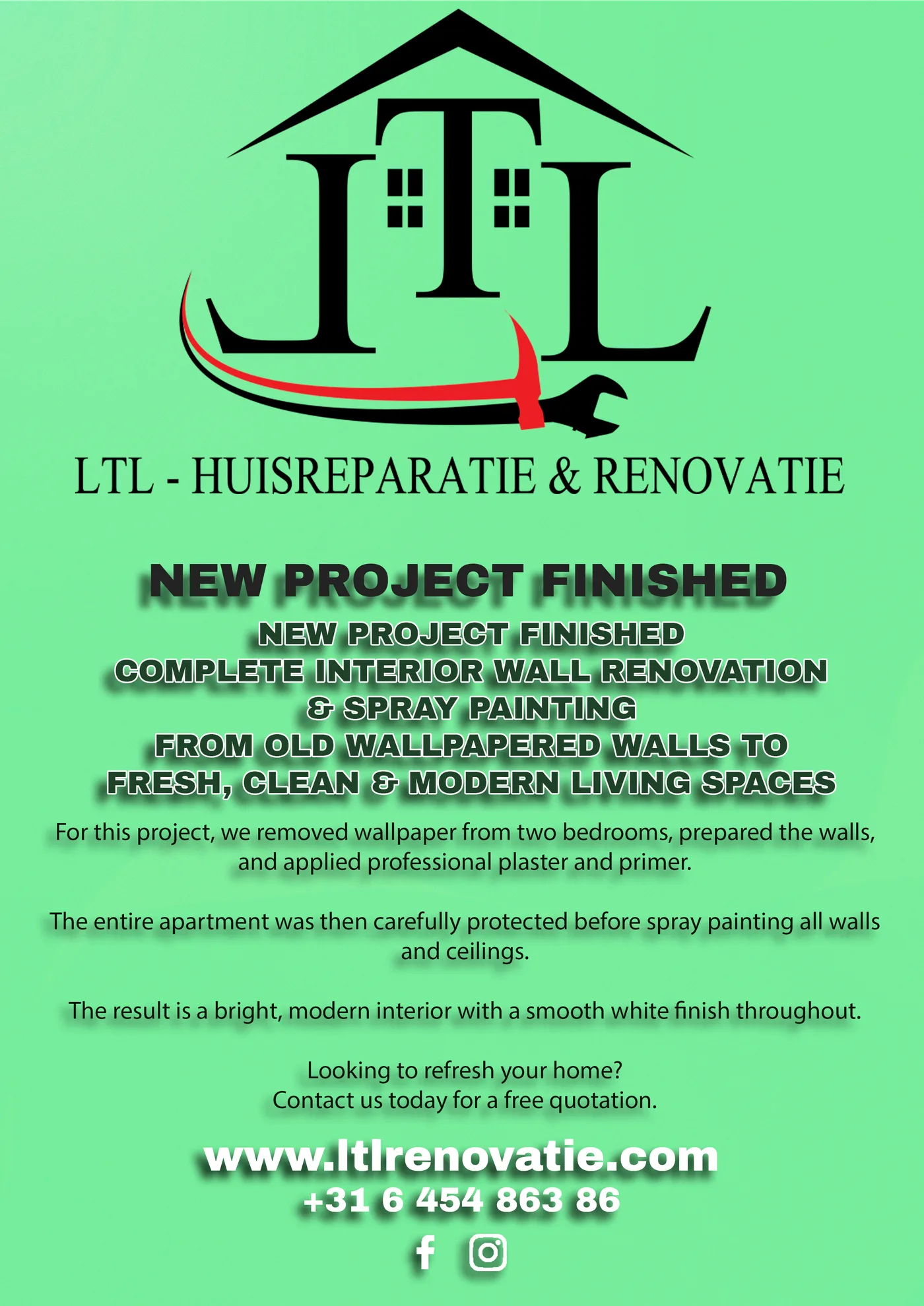 Intro renovatieproject Wandrenovatie en spuitwerk in Amsterdam, voor en na door LTL Huisreparatie & Renovatie